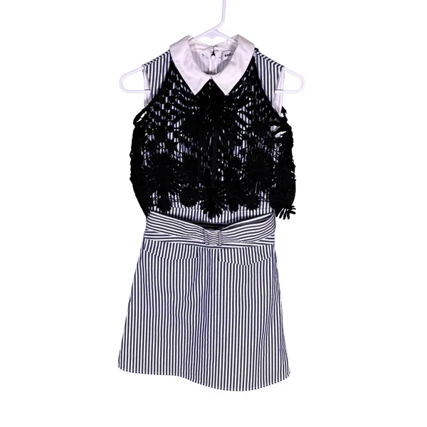 Self-Portrait Blue White Striped Lace Overlay‎ Collared Mini Dress Belted size 0 - Image 2