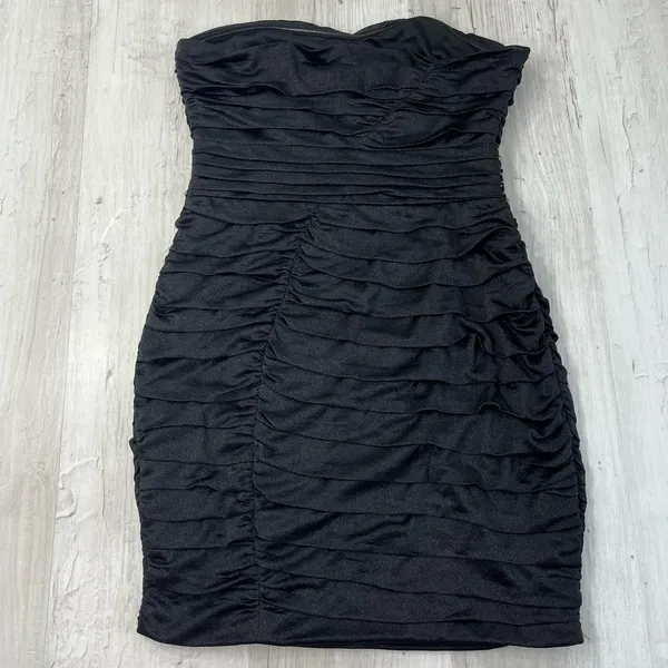 Nikibiki Black Strapless Ruched Gold Rhinestone Bling Bodycon Mini Dress Size M - Image 4