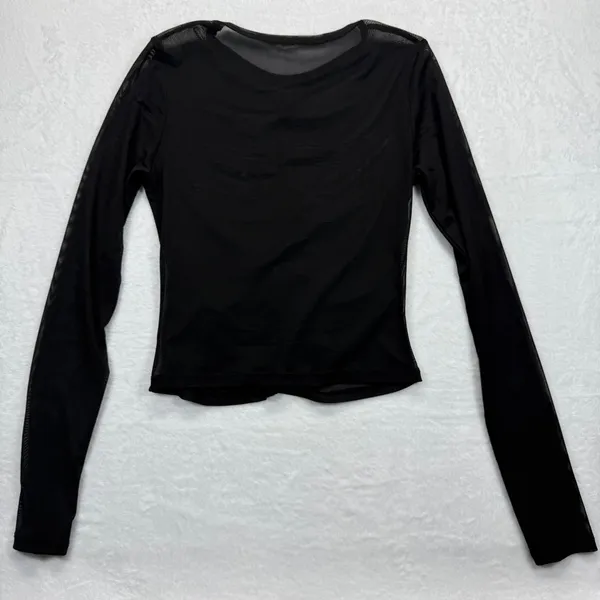 Garage Mesh Top Ruched Long Sleeve See Through‎ Black Blouse Large - Image 5