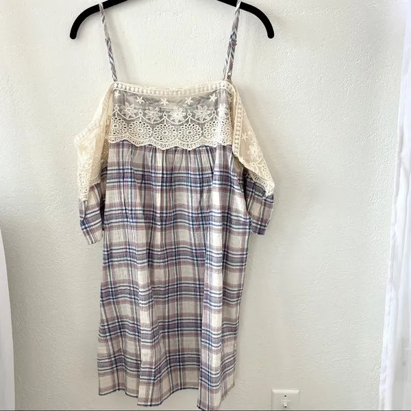 Soiéblu Cold Shoulder Lace Trim Plaid Dress Size Small - Image 3