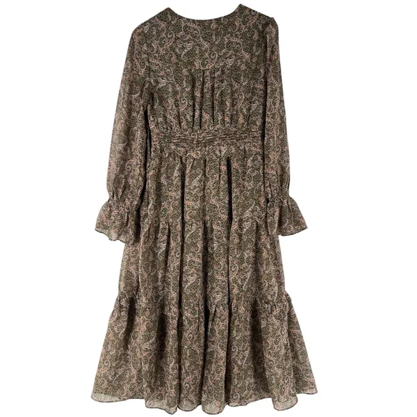 Love Riche Chiffon Olive Paisley Ruffle Long Sleeve Peasant Tiered Maxi‎ Dress M - Image 2