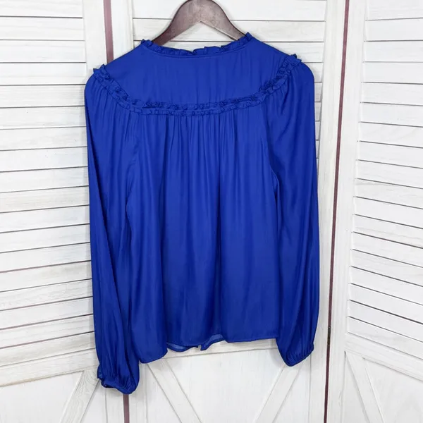 Loft Ruffle Trim Tie Neck Button Up‎ Blouse Long Sleeve Lapis Blue Small - Image 9