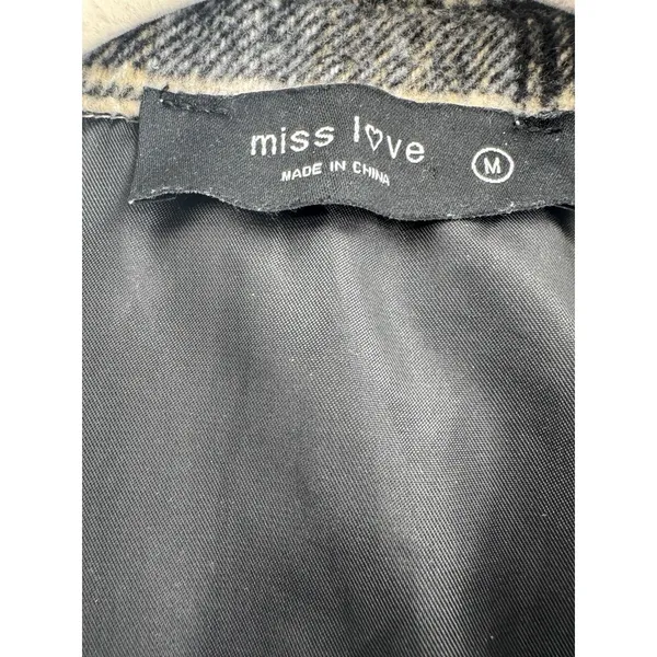 Miss Love Plaid Shacket Women M Black Cream Tan Oversized Wool Blend Long Jacket - Image 6