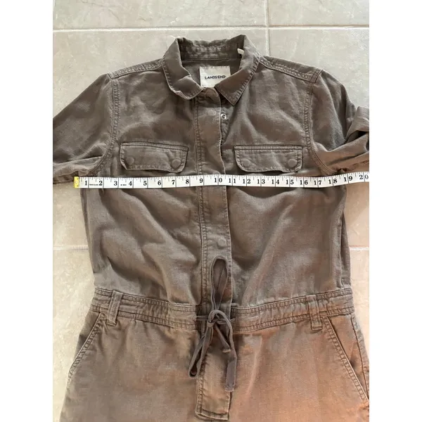 Lands End Jumpsuit Womens 8‎ Brown Linen 3" Shorts Utility Long Sleeve Romper - Image 7