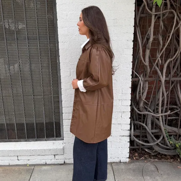 7 For All Mankind brown faux leather balloon sleeve button up front coat M #preppy #oldmoney #professor #minimalist - Image 3