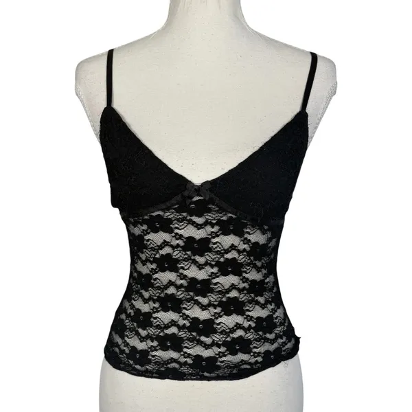 Black Lace Cami Womens XS Floral Sheer Mesh Bow V-Neck Adjustable Y2K Goth Top - Image 6
