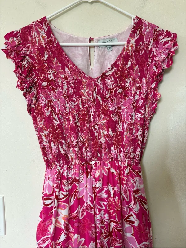 HAYDEN LA Tropical Floral Smocked Ruffled Midi Tank Dress Pink Sz Large - Image 4