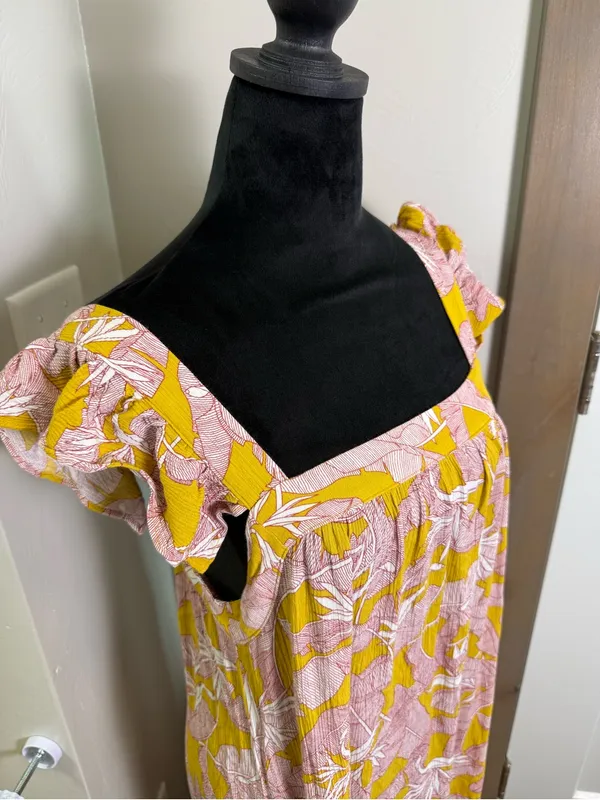 Knox Rose Square Neck Flutter Cap Sleeve Maxi‎ Dress Yellow Pink Floral Tropical - Image 5