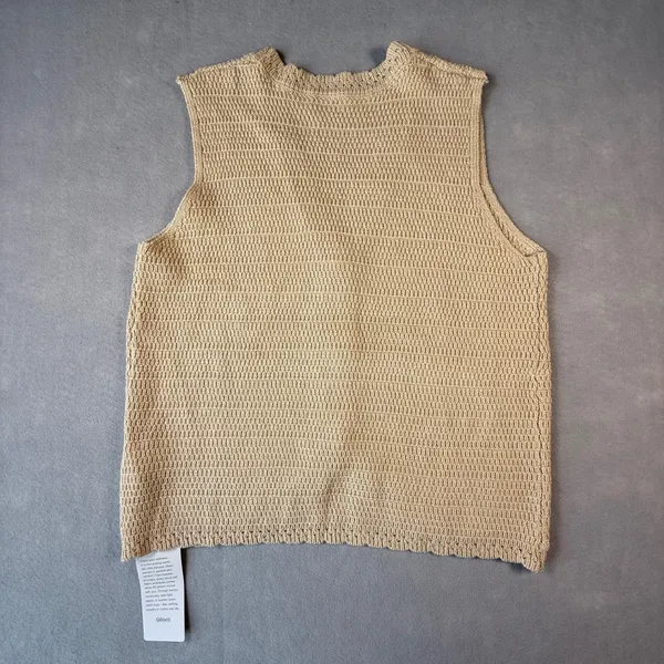 Womens Knit Vest Beige Tan V-Neck Button Scalloped Hem Small Bohemian Cottage - Image 2