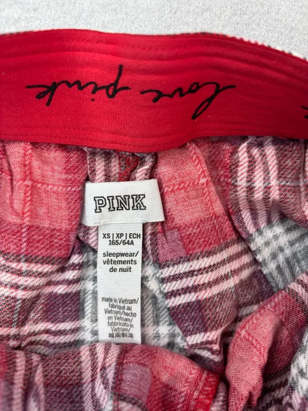 PINK Victoria's Secret XS Spellout Red Plaid Boxer Lounge Shorts with Gold Logo - Image 5