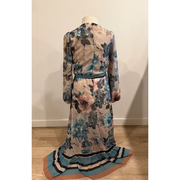 Paper Parachute Floral Maxi Dress Teal Blue Tan Long Sleeve Belted Ruffle XS - Image 2