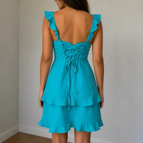 Snow Rose Teal Ruffle Mini Dress Lace Up Back Size 0 Coquette‎ Mermaidcore - Image 2