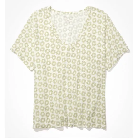 American Eagle Cream Floral Short Sleeve V-Neck Oversized Soft & Sexy Tee - Image 2