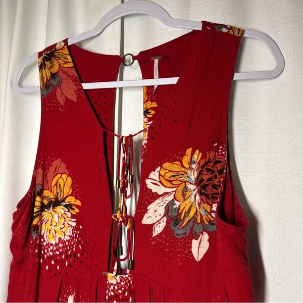 Free People Lovely Day Red Floral Tie Front Tunic Mini Dress S Boho Flowy Boxy - Image 3