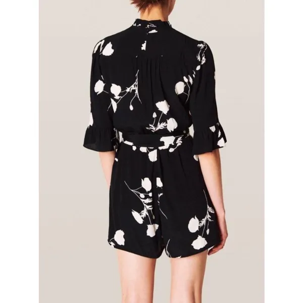 BA&SH Penny Floral Belted Romper Black and White Size 6 - Image 2