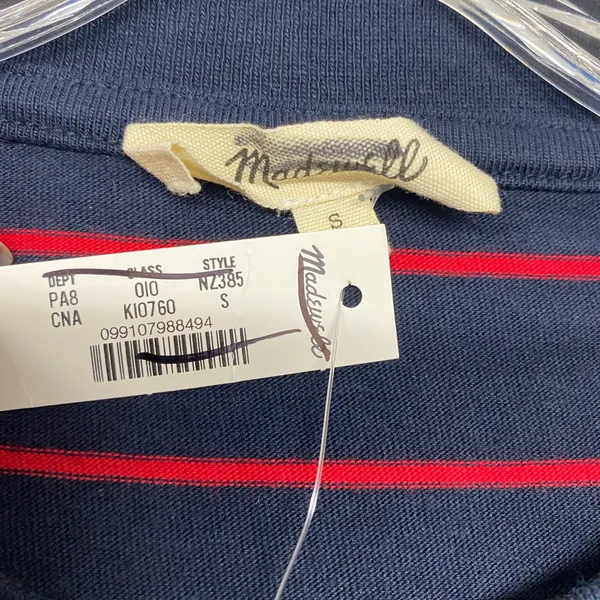 Madewell Top Womens Small Striped Drawstring Hem Long Sleeve Tee Navy Red NZ385 - Image 3