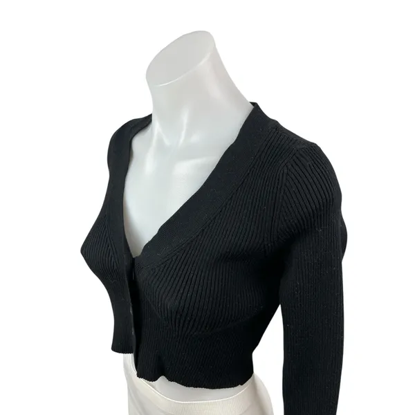 Windsor Black Ribbed Knit Long Sleeve V Neck Button Up Cardigan Crop Top Size S - Image 2