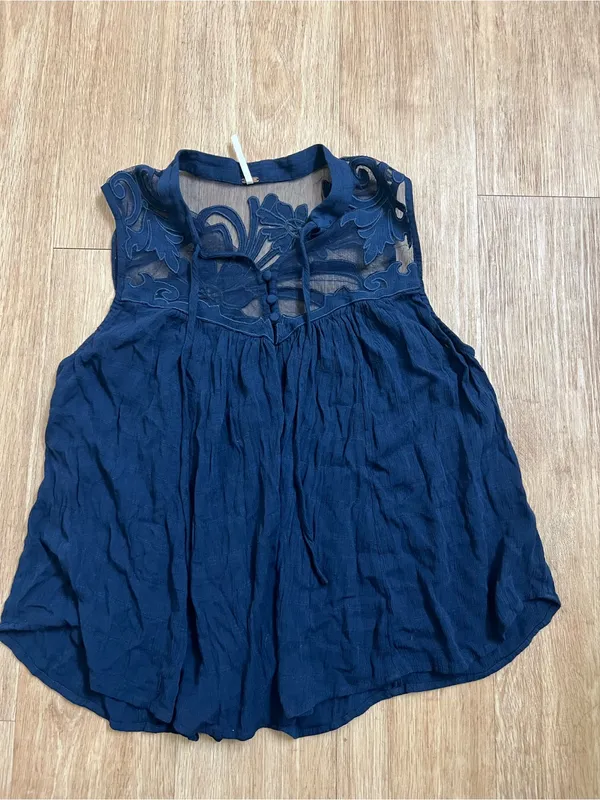 Free People Navy Floral Embroidered Sheer Yoke Tank - Image 3