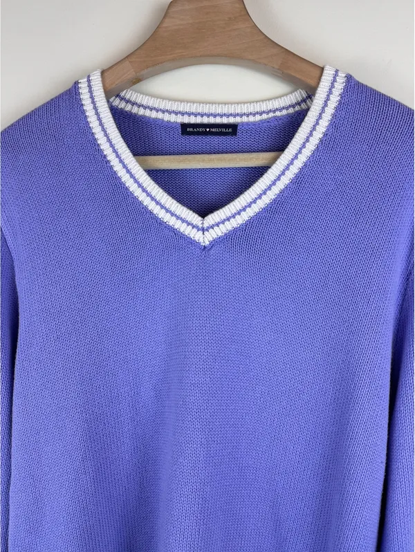 Brandy Melville Nikki Periwinkle Blue White Varsity V Neck Sweater One Size - Image 4