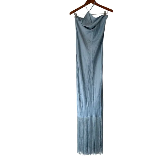Camila Coelho Blue Halter Neck Fringe Maxi Dress Size Small - Image 6