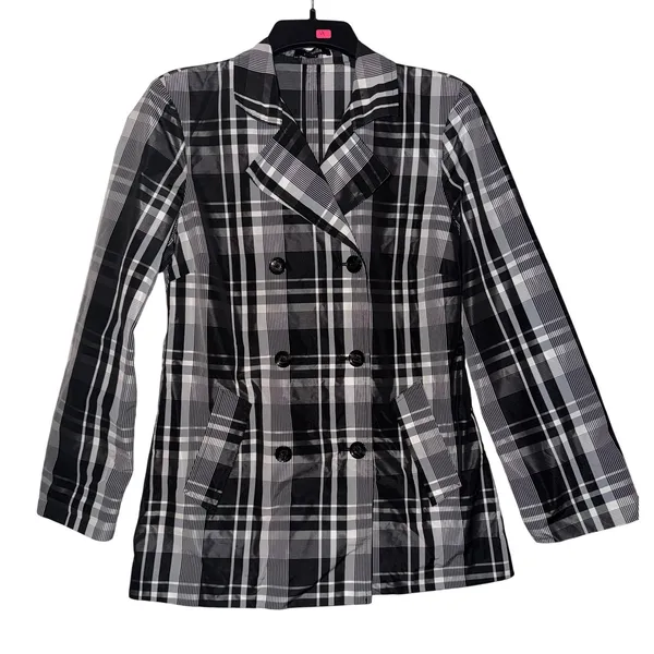 Rafaella Womens Plaid Double Breasted‎ Belted Trench Coat Size S Black White - Image 2