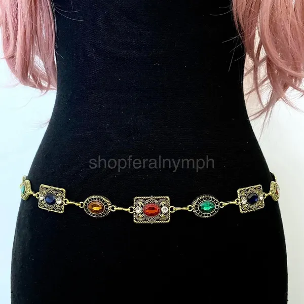 Women's Gold Colorful Jewel Chain Belt, Fits 26-43 Inches, X7GA1396 - Image 3