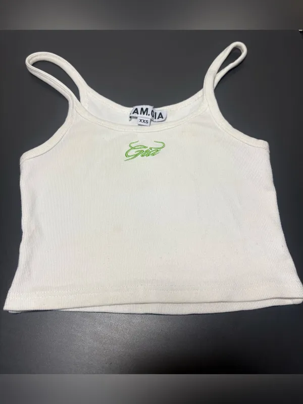 I.AM.GIA White Ribbed Crop Tank with Neon Green Script - Image 2