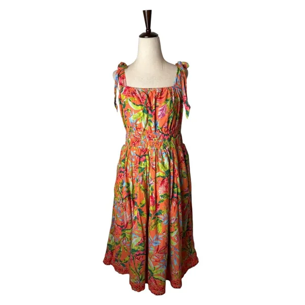 Lands' End Dress Women‎ Medium Orange Tropical Floral Smocked Tie Shoulder Midi - Image 2