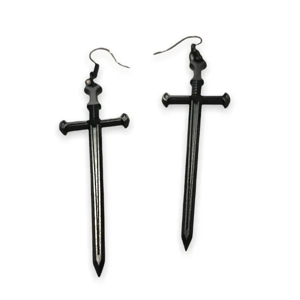 Black Goth Sword Pendant Long Hook Earrings - Image 3