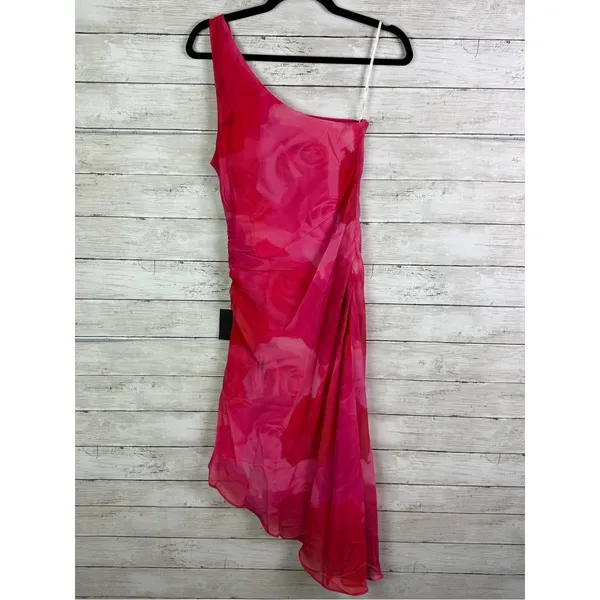 Lulus Pretty Serene Pink Floral One-Shoulder Asymmetrical Midi Dress Size M - Image 3