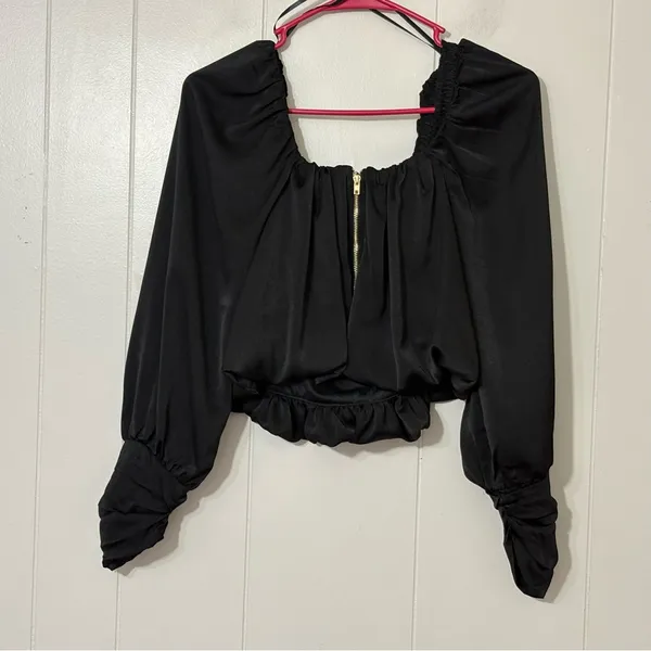 Do+Be Black Satin Bubble Hem Crop Top Long Sleeve Ruched Blouse Size S - Image 7