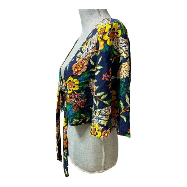 New Look Floral Tie-Front Crop Top Boho Kimono Sleeve Navy Multicolor Size M - Image 2