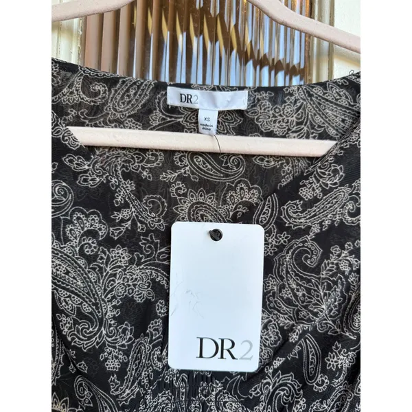 DR2 Womens Paisley Smocked Waist Peplum Blouse Top Black White Size XS ‎ NEW - Image 2