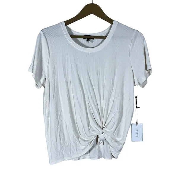 NWT 1.STATE Front Knot Ribbed Knit T-Shirt White Contemporary Casual Size L - Image 2