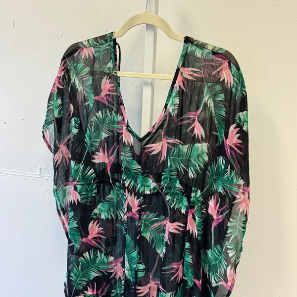Miken Swim Tropical Bird of Paradise Floral Sheer Beach Cover Up Black Medium - Image 4