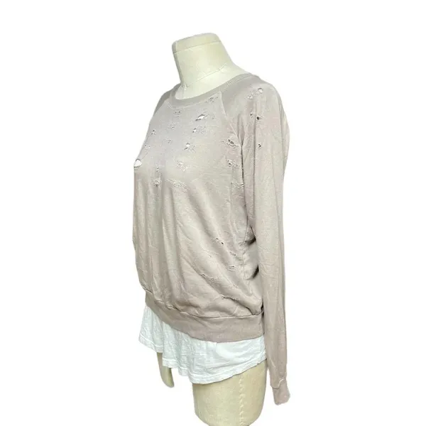 Monrow Distressed Double Layer Sweatshirt Fawn White Size‎ Medium Tan - Image 5