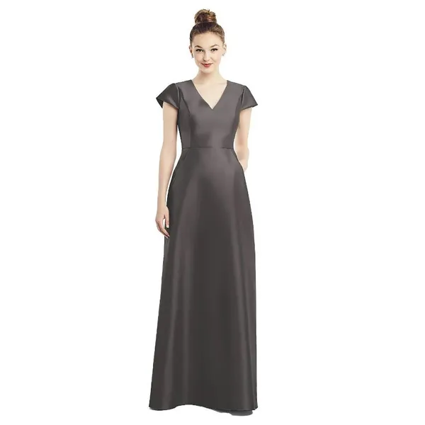 Alfred Sung D779 V-Neck Satin Cap Sleeve Pockets Cavier Gray Gown‎ Size 10 New - Image 3