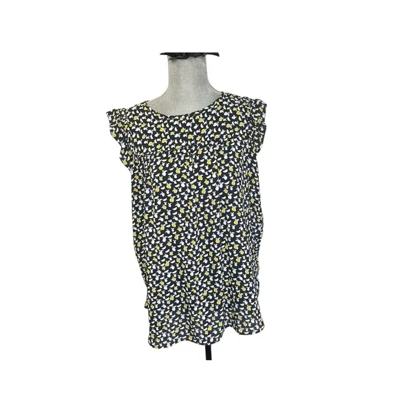 LOFT Women's Black, White, Yellow Lemon Print Flutter Cap sleeve top--Sz Med - Image 2