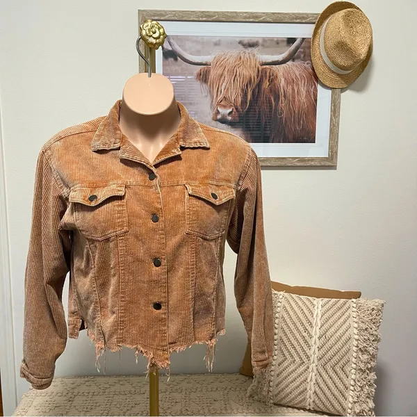POL Frayed Hem Vintage Inspired Teddy Bear Brown Cropped Corduroy Jacket S - Image 5