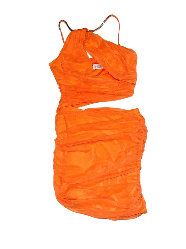 Oh Polly Lykke Orange One Shoulder Rhinestone Cutout Bodycon Mesh Mini Dress 4 - Image 3