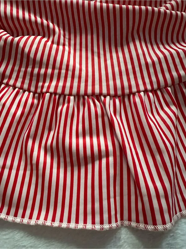 Edikted Gaia Gathered Mini Dress Red White Size XS Ruffle Hem Strapless Ruched - Image 6