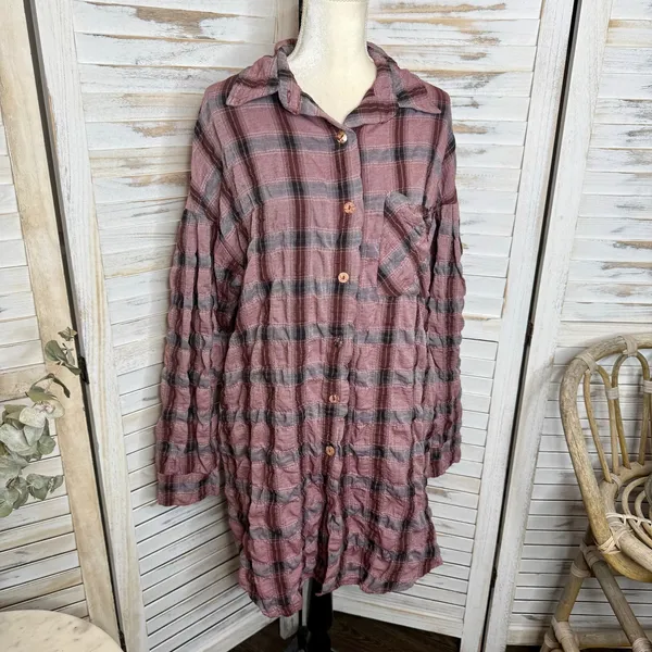 CUTLOOSE Women's XL Plaid Long Sleeve Shirtdress Maroon Burgundy Y2K Grunge - Image 4