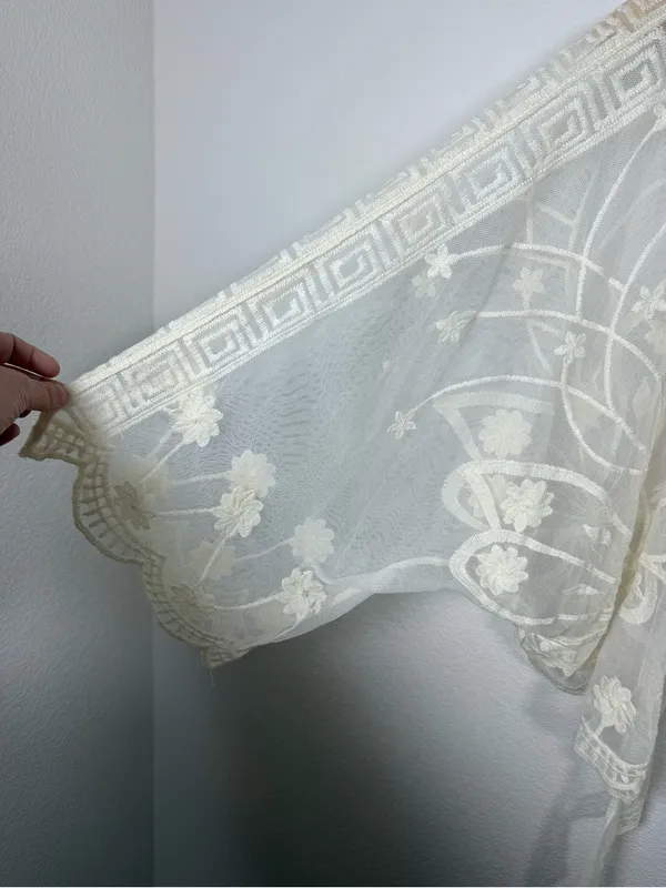 Boho Sheer Floral Embroidered Lace Kimono Crochet Scallop Festival L - Image 6
