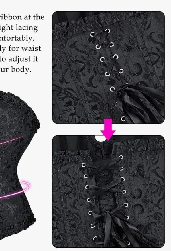 Black Satin Jacquard Lace Up Back Corset Size XL - Image 7