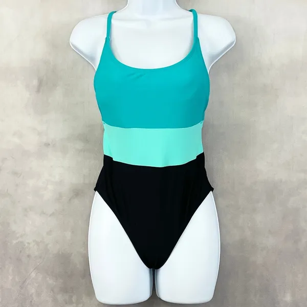 SO One Piece Swimsuit Womens Medium Colorblock‎ Stretch Sporty Minimal Beach - Image 11