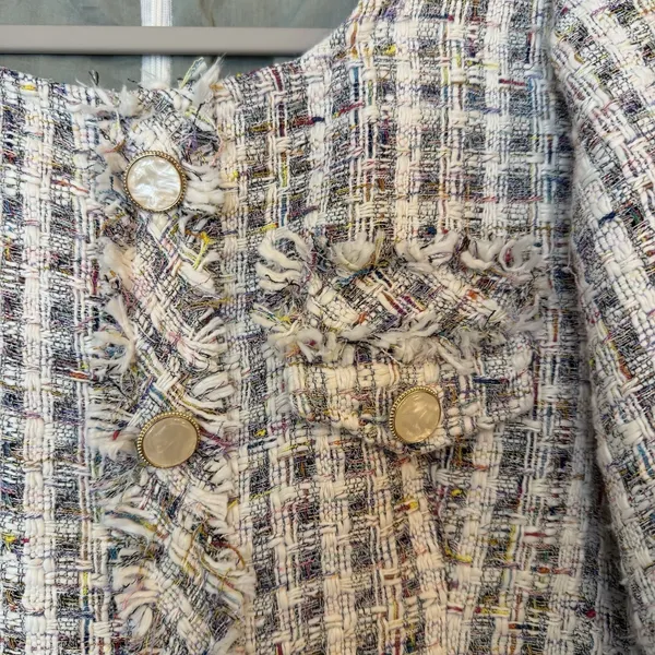 POL Tweed Dress LG White Colorful Plaid Fringe Button Detail Business Dressy‎ - Image 3