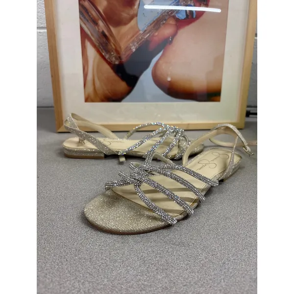 Jessica Simpson Sz 7 Champagne Silver Rajiv Rhinestone Embellished Flat Sandals - Image 3