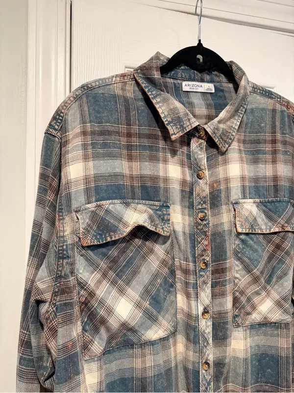 Arizona Jean Co Size L Plaid Acid Wash Flannel Shirt Oversized Grunge Shacket - Image 5