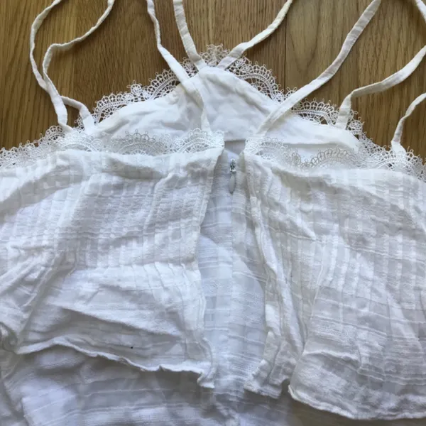 White House | Black Market White Tiered Pleat front Racerback design Eyelash Lace Trim cami in sm - Image 6