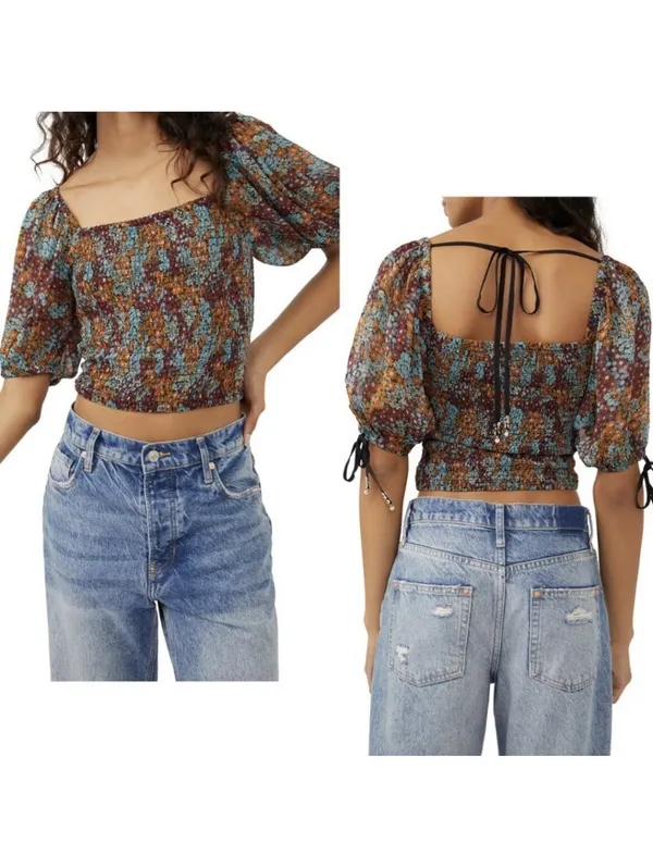 Free People Boho Smock Back On Top Multicolor Floral Puff Sleeve Crop Top Sz S - Image 2